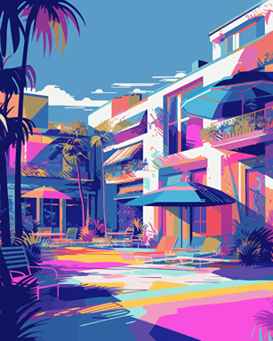 Generate a digital art piece in Unreal Engine, encapsulating a 'vacation vibes' motif. This should draw upon retro aesthetics and include classic patterns. Your design should be a vector image, suitable for a sticker design. Use the following Pantone colors to drive the color scheme: 12-1706 TCX, 12-0824 TCX, 15-0146 TCX, 15-1164 TCX, 16-6340 TCX, 17-4247 TCX, 18-2043 TCX, 19-6026 TCX. The final piece should exude a warm, holiday-like ambiance.