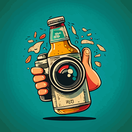 a cartoon beer bottle vector illustration, with hands, holding camera