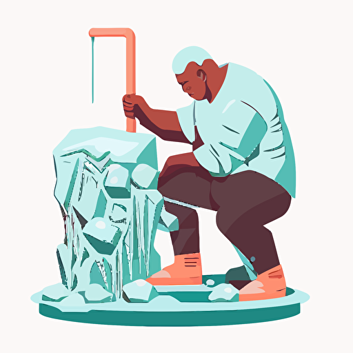 vector illustration of man on his kneeling and swinging an ice pick into the Ice