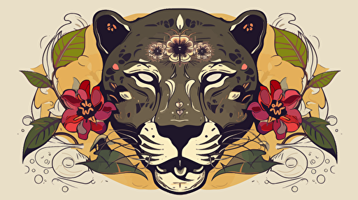 ancient primitive front view of an angry panther face vectorized nankin draw, with botanical flowers, with an coca leaf arc around the panther, perfect shapes, rupestrian, illustrator, behance