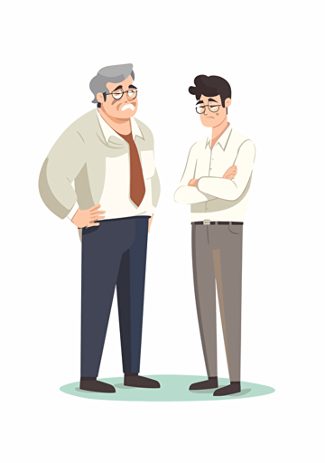 A middle-aged South Korean male office worker is looking at an angry South Korean middle-aged male office worker with a smile, dry and neat, white background, Artsy flat vector illustration