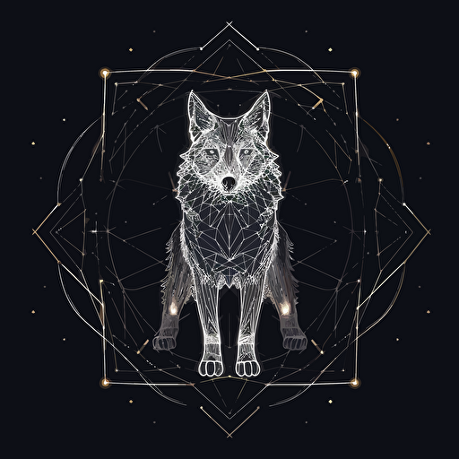 Wolf in sacred geometry, Banksy style, black background, large closed shapes, fantasy roboter, white space to fill, abstract, artistic, pen outline, white background, very simple, full field of view, centre, minimalistic logo vector art , simple flat vector logo