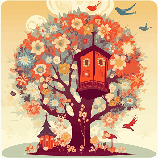 big tree, tree house, birds, flowers, sun, vector image