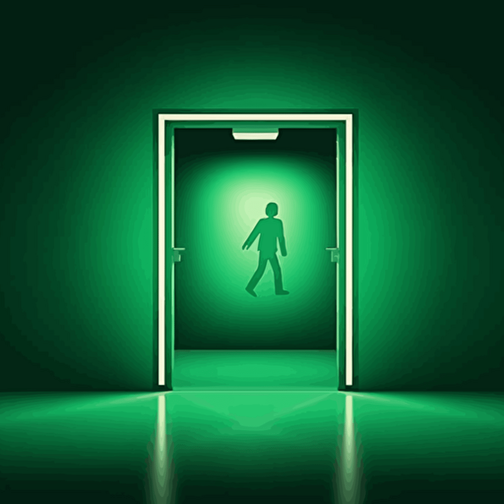 emergency exit sign in the square, 2D, the style of simplistic vector art, careful framing, energetic movement, dynamic pose, green academia, emerald