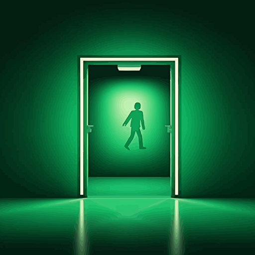emergency exit sign in the square, 2D, the style of simplistic vector art, careful framing, energetic movement, dynamic pose, green academia, emerald