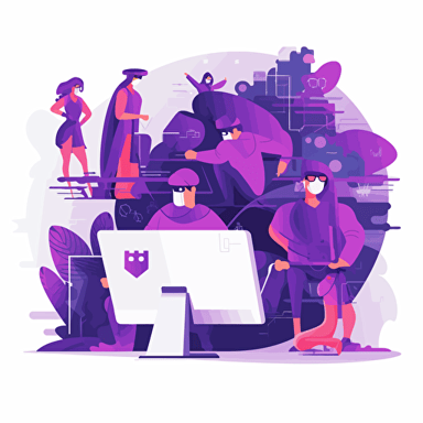 cute and fun style, overlook angle, vector cartoon vector flat, Company stable protected by employees in superhero costumes against cyber criminals and cyber attacks, white background, main color purple