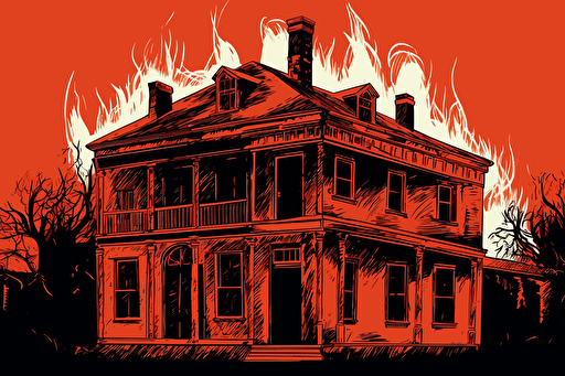 louisiana colonial house engulfed in flames, front view, vector, gritty, detailed, red background,