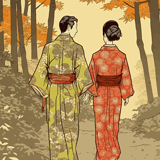 couple holding hands, vector art, editorial illustration, Japanese Ukiyo-e prints