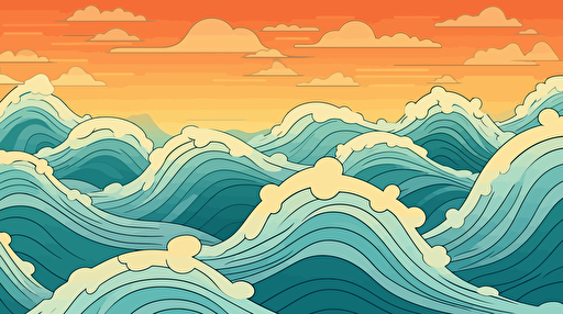 vector of ocean waves, firewatch style, birdseye view, on a light blue to orange gradient background