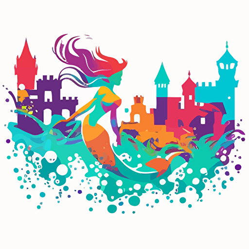 colorful mermaid swimming through the bad part of a city, vector logo, vector art, emblem, simple cartoon, 2d, no text, white background