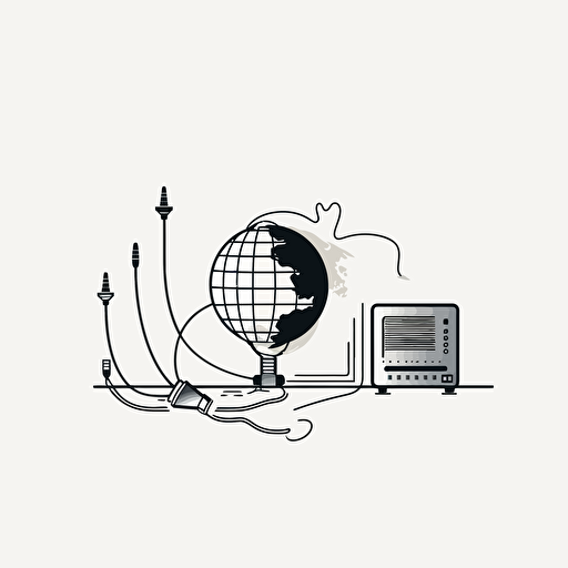 vector art, flat design, black and white, white background, a straight line of wires connecting a computer to a globe in a straight line
