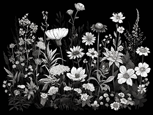 blooming wildflowers vector, white on black background,