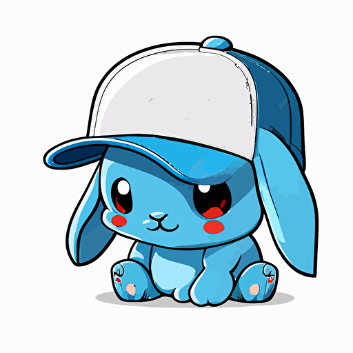 cute, happy bunny wearing a blue baseball hat, contour, vector, white background, clipart