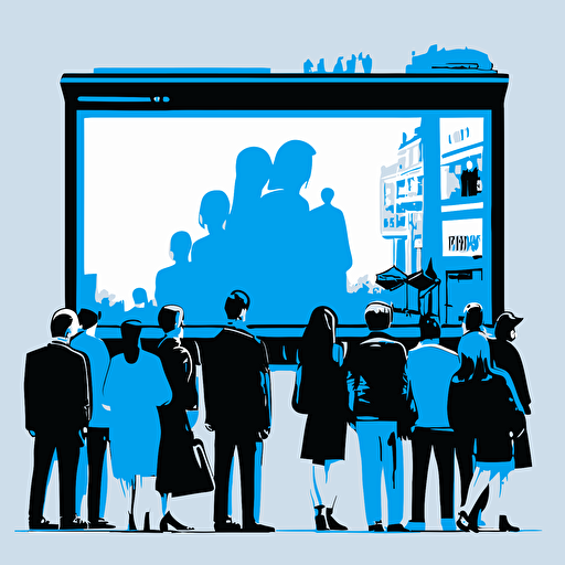 A minimalistic flat vector illustration of people buying in front of a computer, style: vector, iconic, ssilhouettes, only blue and black tones.
