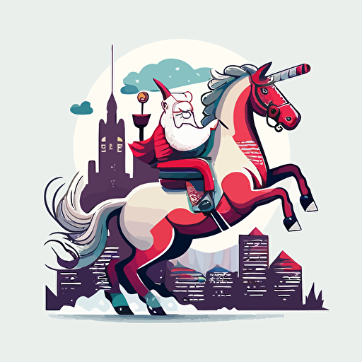 funny santa riding a unicorn in bad part of city, vector logo, vector art, emblem, simple cartoon, 2d, no text, white background