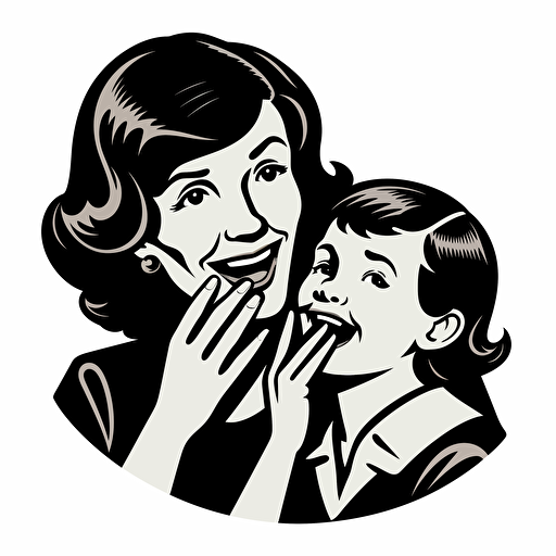 vector image of a laughing out loud mother and laughing out loud child sharing a secret whisper in ear, logo art, brand logo, black and white, no background,
