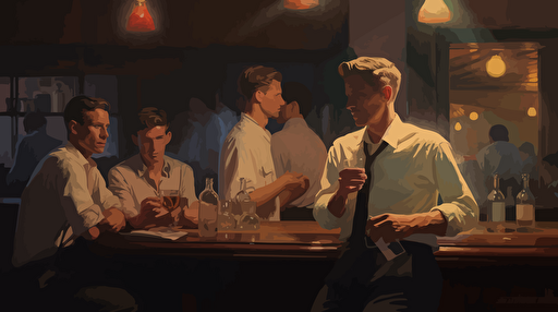 a painting of men at the bar in a club, in the style of sam spratt, simplistic vector art, 32k uhd, kris knight, danny lyon, marvel comics, film noir-esque