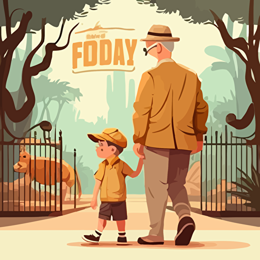 little boy visiting zoo with his father, modern clothes, children's book cover, 2d, cartoon style, vector, disney style