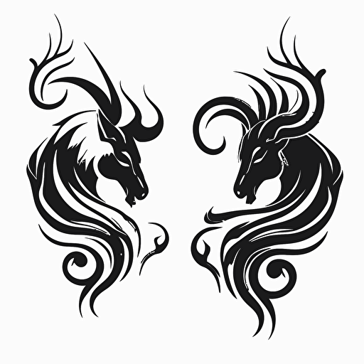 set of 2 black capricorn logos, black ink vectors, white background