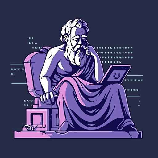A ancient Greek Philosopher thinking pose watching a computer connected to an AI machine, futuristic, vector logo