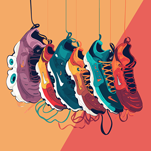 nike TN shoes hanging from their laces, vector style, bright colours,3:2
