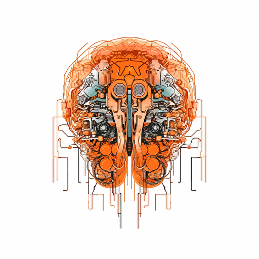 2D vector brain in minimalism cyberpunk style and in orange colors. Background white