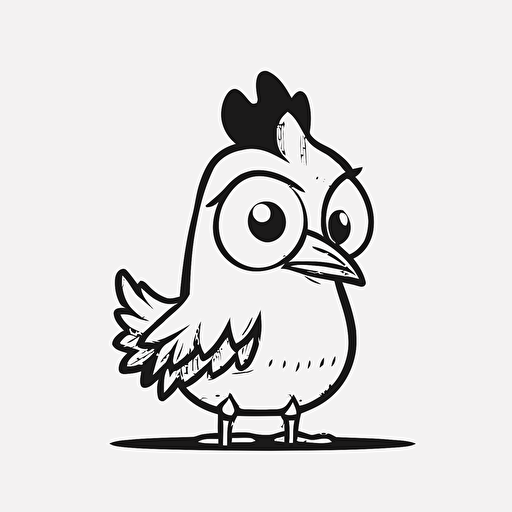 cute rooster in farm, big cute eyes, pixar style, simple outline and shapes, coloring page black and white comic book flat vector, white background