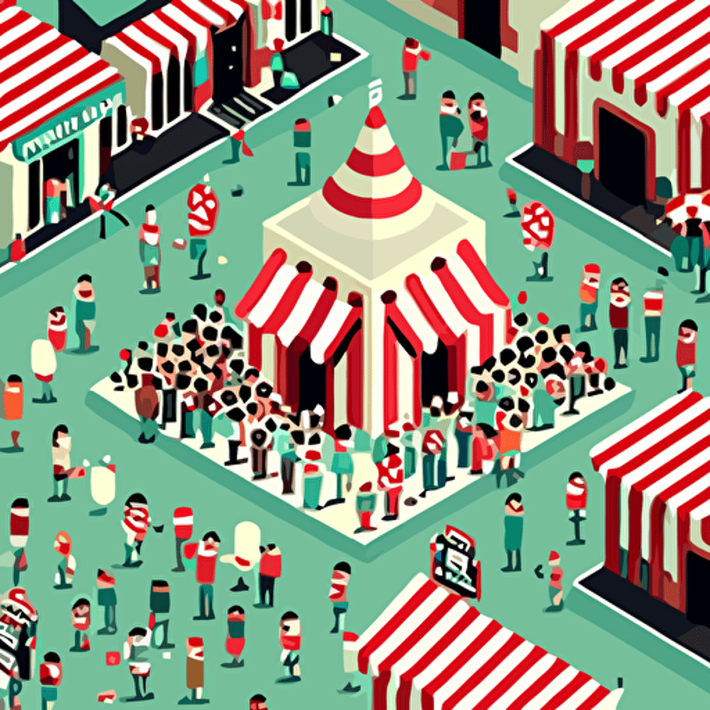 Inspired by "Where's Waldo?" create a vector illustration of a bustling city square filled with people, with Satoshi Nakamoto cleverly hidden among the crowd. Set the scene on a busy day with lively street performers and market stalls.