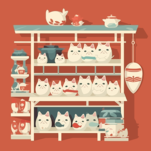 japanese market cart stall, white lucky cat ornaments neatly on shelf, vector, simple, flat style