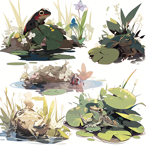 vector illustration, pond animals, a frog, a bird , a skunk