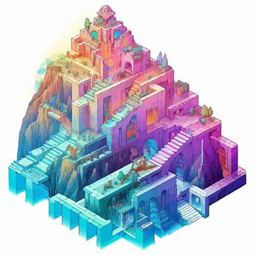 identical levels of a building, cutaway view, many iridescent staircases, isometric, vector shapes, magical