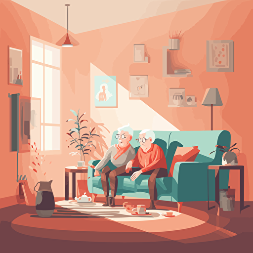 vector art, cute livingroom, elderly couple sitting on the sofa, illustrator, after effects, reduced color palatte