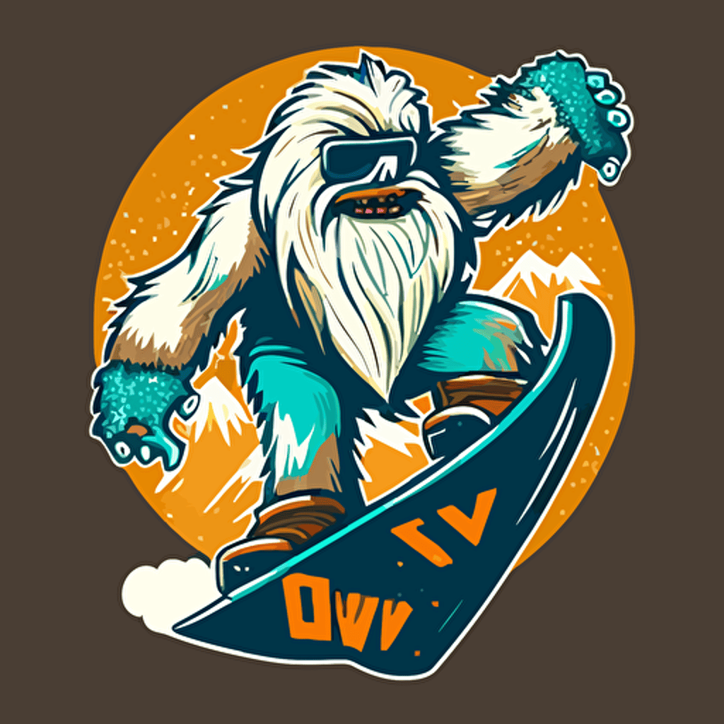 yeti with a snowboard, vector logo, vector art, emblem, simple cartoon, 2d