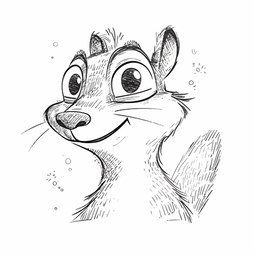 smiling squirrel, simple, minimal, cartoon style, 2d vector handdrawn sketch, profile view, dot as an eye, pencil, no shading, no shades, just black and white, white background
