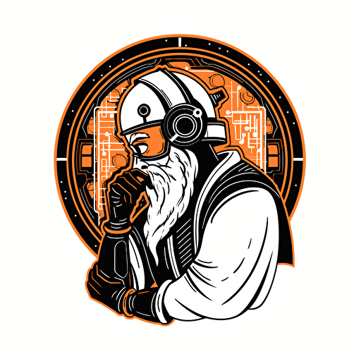A ancient Indian Philosopher thinking pose, watching a computer connected to an AI machine, futuristic, ronded vector logo, white background, use only 2 colors