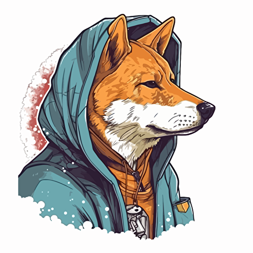 Shiba Inu wearing a hoodie, cartoon anime, 2/3 left side profile shot, sci