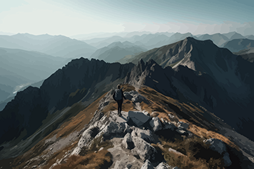 flat vector-style :: A person hiking in the mountains :: The mountains are made of a mosaic of blue and magenta tiles :: The shot is from a high angle, looking down at the hiker from the peak of the mountain ::