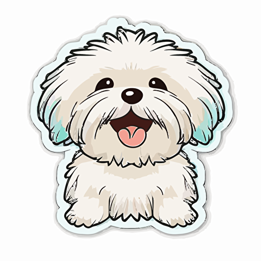 Cute, happy, smiling maltese dog head sticker logo, dog tongue out, chibi style, cartoon, clean, vector, 2d, white background, no accessories, without accessories, no text, without text