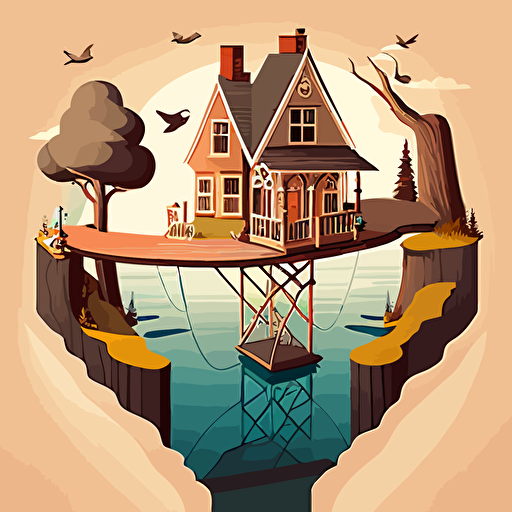 Cartoon vector perspective image of a house suspended on a platform over a large lake with a bridge leading to it