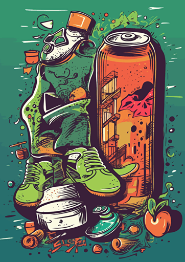 poster, a skateboard, A glass of cocktail , glide fast, drunk, cartoon, graffiti, vector, illustration