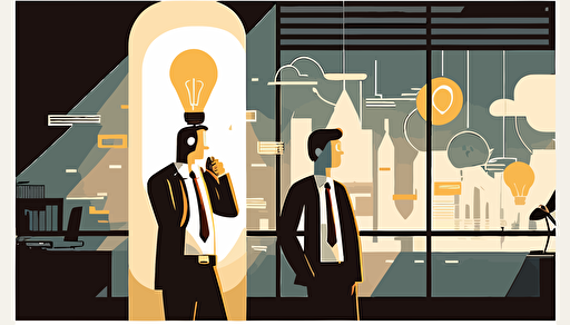 two corporate people talking in an office, light bulb idea floating in the middle, flat vector art style, illustration, very detailed, by Tom Whalen