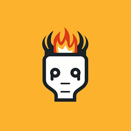 minimalistic vector logo by Paul Rand, front face view of friendly robotic AI with hair of fire, flat, modern, clean, 3 colors