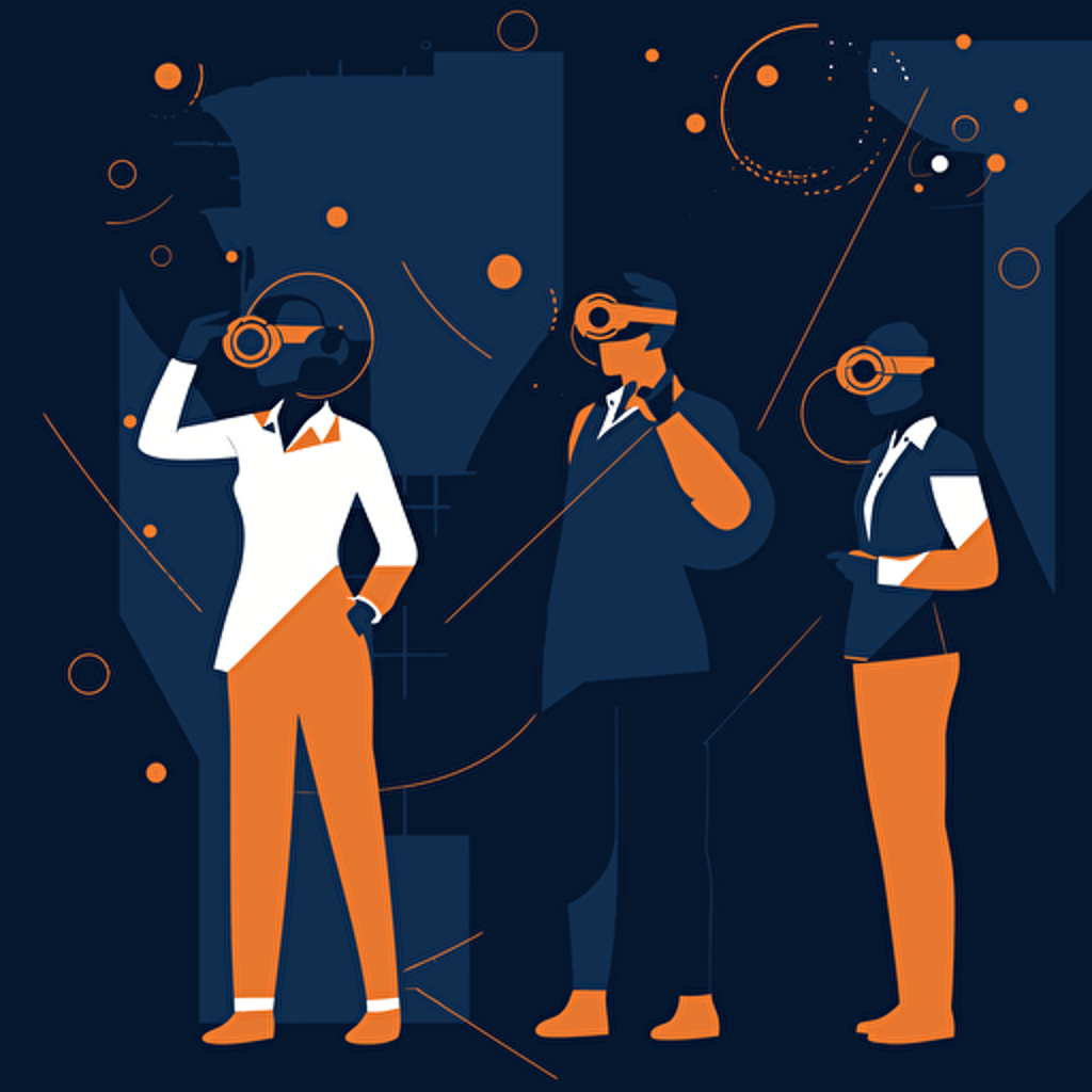A picture of VR experts that symbolize sounding board, problem solving, Vector style, dark background, blue, white, orange
