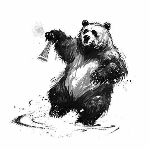 bear making a hang ten symbol with one paw, black and white illustration, simple vector, white background ::blob brush style