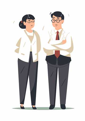 Two middle-aged South Korean office workers, one smiling and looking at another with an angry expression, dry and neat, white background, Artsy flat vector illustration