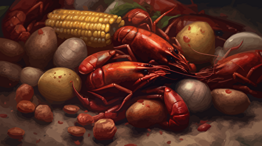 a close up of a crawfish boil, mixture of crawfish, corn cobs, sliced saugages, small red potatoes, vector, oil painting style