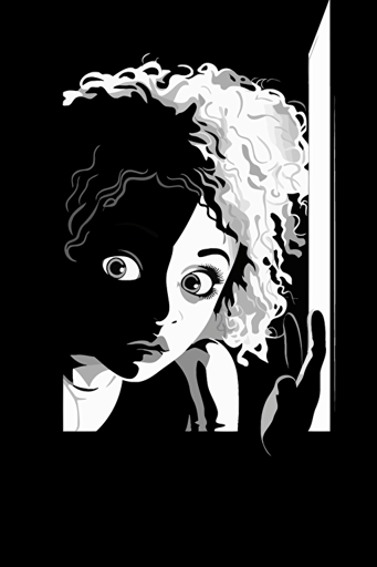 liniar art, black and white vector style, outline of two girls peeking through the window of a souterrain window, you only see there eyes, one afro silhouette girl one blond girls silhouette girl, they have big bambi like eyes, you only see there eyes peeking over the ledge of the window, white background, logo style