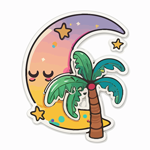 sticker, Happy Colorful palmetto tree beneath a small crescent moon, kawaii, contour, vector, white background