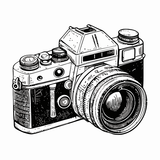 outline of a 35mm camera sketched with a black pen, vector, for logo, no shading