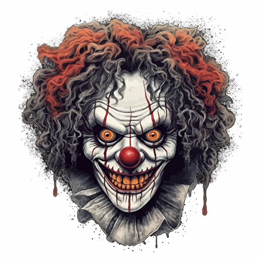 a deranged clown, gritty, scary, horror, gross, vector, sticker, detailed